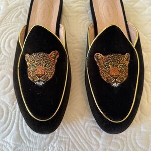 Black Velvet mules with Embroidered Leopard, NEW
